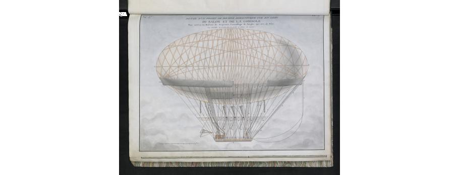 projet de machine aérostatique, vue longue du ballon et de la gondolle