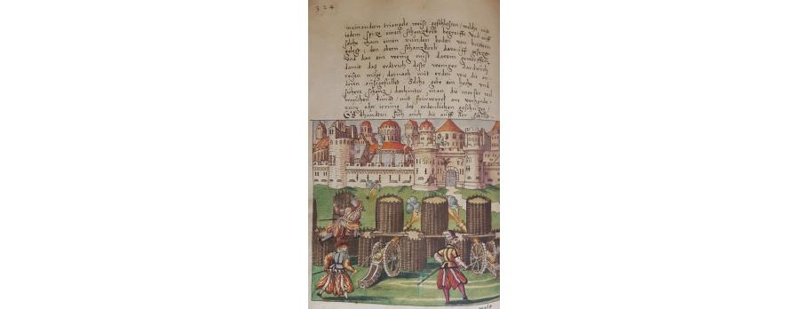 illustration issue de WOLFF VON SENFFTENBERG, Von allerlei Kriegswehr, von Geschüz. Von den langen Stücken, von den Mortien. Von den Feuerkazen, wie dieselben unerhörter verborgner Weise zu gebrauchen, [L'Art de l'artillerie concernant tout ce qui a rapport à cette arme ; la fabrication de la poudre, la construction des pièces, la composition de l'artifice]. S.l., s.n., vers 1560.