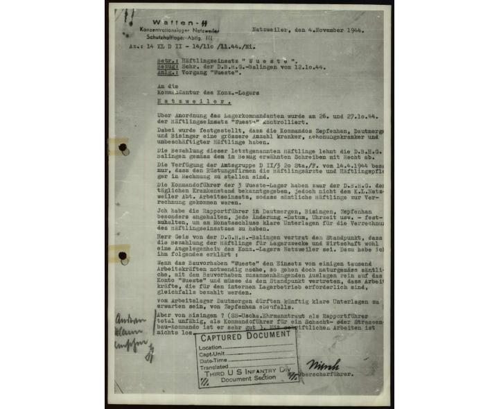 Courrier émanant du KL-Natzweiler et transmis à ses camps annexes regroupés autour du projet Wüste