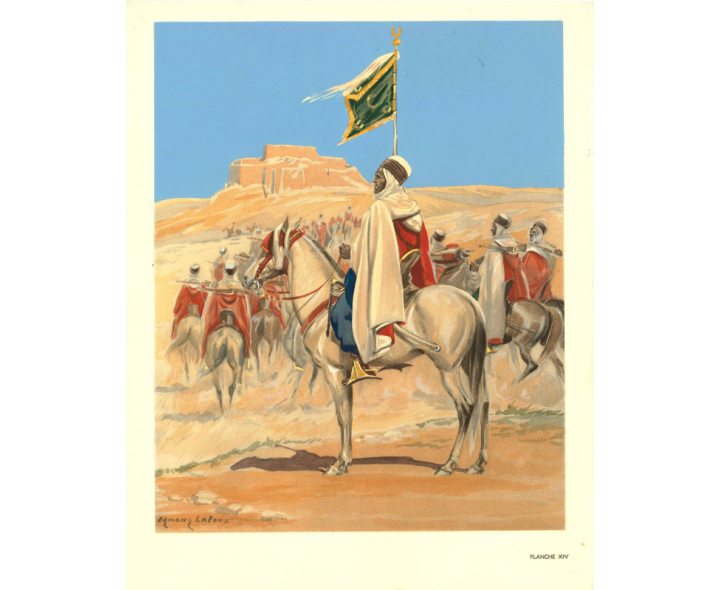 Spahis algériens  porte fanion en grande tenue (1914-1939) par Edmond Lajoux. Planche publiée dans MAC ORLAN et LAJOUX, Les Africains  la vie pittoresque et sentimentale de l’armée française, Paris, Guilhot, 1944 