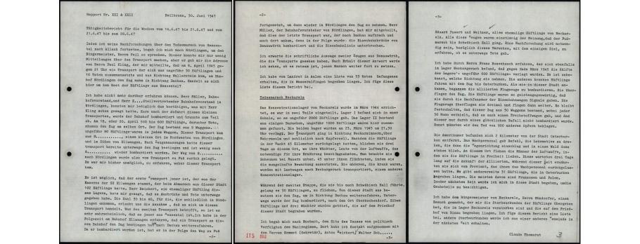 Pièces d'archives conservées aux Archives Arolsen et constitutives d’un rapport d’enquête concernant l’évacuation des camps annexes du KL-Natzweiler situés sur la rive droite du Rhin.